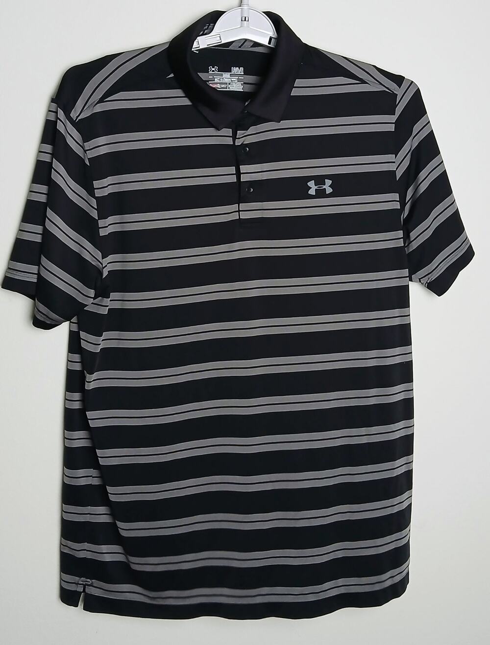 Under Armour Men's Large Polo Shirt HeatGear Loose Fit Black Gray Stripe Golf